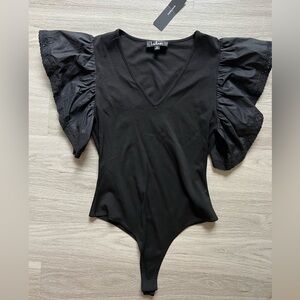 Lulu's Black Asymmetrical Ruffled Bodysuit
